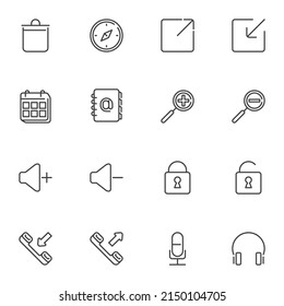 Basic UI line icons set, outline vector symbol collection, linear style pictogram pack. Signs, logo illustration. Set includes icons as trash bin, calendar, address book, telephone call, microphone