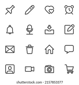 Basic UI line icons set, outline vector symbol collection, linear style pictogram pack. Signs, logo illustration. Set includes icons as push pin, pen, alarm clock, notification, photo camera, message