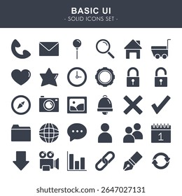 Basic UI Solid Icons Set inclui 30 ícones de interface essenciais em um estilo limpo, moderno e mínimo sólido. Perfeito para sites, aplicativos móveis, painéis e produtos digitais.