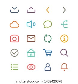 Basic UI vector graphics outline icons in various colors
