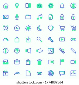 Basic UI vector icons set, modern solid bicolor symbol collection, filled style pictogram pack. Signs, logo illustration. Set includes icons as  message, settings gear, phone call, notification, clock