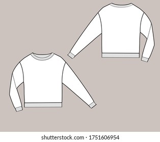 Unisex-Sweatshirt mit langen Ärmeln und rundem Hals. Vorder- und Rückseite. Vektortechnische Modeskizze. Bekleidungsvorlage.