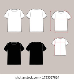 Basic unisex t shirt set.Front and Back. In white and black colors, Option with arrows scheme. perfect for e-shop, fashion design