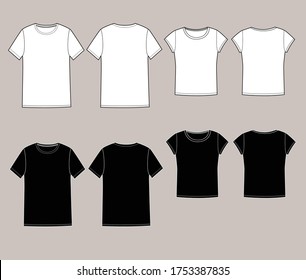 Basic unisex t shirt set.Front and Back. In white and black colors, perfect for e-shop, fashion design