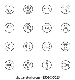 Basic universal line icons set. linear style symbols collection, outline signs pack. vector graphics. Set includes icons as cloud computing, forward upward backward refresh arrows, user contact, home