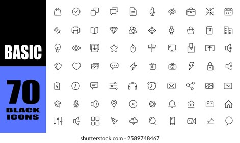 Basic user interface black icons. Line essential icons.