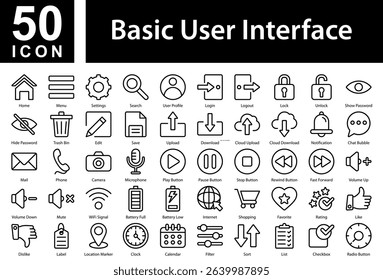  Basic User Interface Collection of Icons with Outline Style Containing: Home,Menu,Settings,Search,User Profile,Login,Logout,Lock,Unlock,Show Password,Hide Password,Trash Bin,Edit,Save,Upload,Download