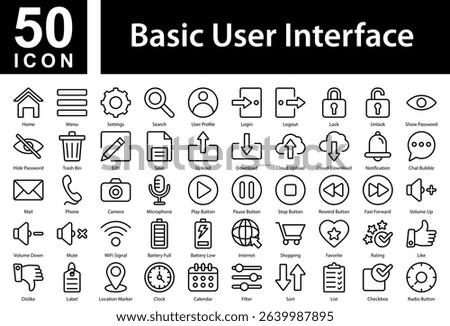  Basic User Interface Collection of Icons with Outline Style Containing: Home,Menu,Settings,Search,User Profile,Login,Logout,Lock,Unlock,Show Password,Hide Password,Trash Bin,Edit,Save,Upload,Download