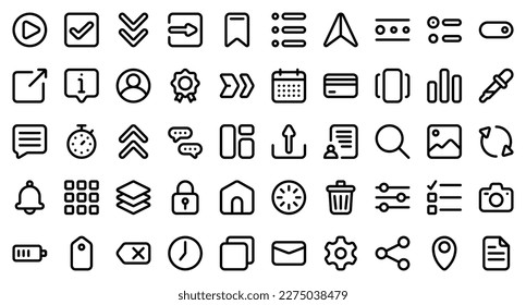 Basic user interface essential set. Set line outline icons. User interface symbols. Vector illustration