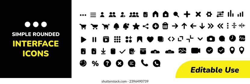 Basic User Interface Essential Set. Rounded Solid bold Icons. For App, Web, Print. Editable Stroke. Great Pixel Stroke Wide with Round Cap and Round Corner. Editable Stroke.