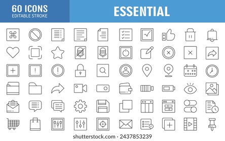 Basic User Interface Essential Set. Outline Icons. For App, Web, Print. Editable Stroke. 