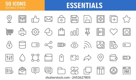 Conjunto esencial de interfaz de usuario Básica. Iconos de esquema. Para App, Web, Imprimir. Trazo editable. 