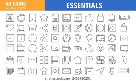 Basic User Interface Essential Set. Outline Icons. For App, Web, Print. Editable Stroke. 