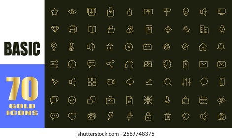 Basic user interface gold icons. line art icons.