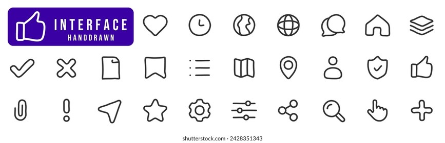 Basic user interface hand drawn line icon set. Notification, user, share, heart, like, comment etc. Editable stroke