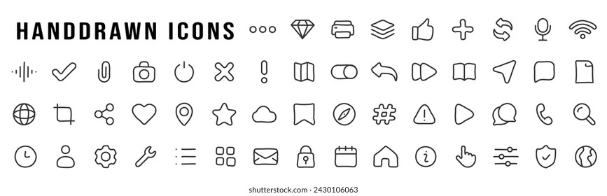 Basic user interface hand drawn line icon big set. Notification, user, share, heart, like, calendar etc. Editable stroke