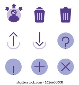 Basic user interface icon set outline include control, option, switch, toggle, remove, garbage, delete, bin, trash, arrow, upload,transfer,cloud,download,help,faq,support,question,warning,caution