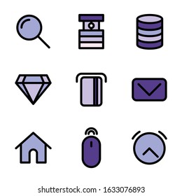 Basic user interface icon set outline include search,data base,hosting,diamond,payment,mail,home,mouse,alarm