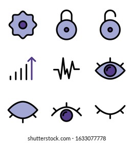 Basic user interface icon set outline include setting, gear, padlock,locked,safety,signal,barr,activity,eyes,security,eye