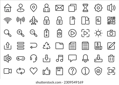 Basic user interface icon set. Universal and common website user interface icons vector collection. Thin line design style for mobile phone apps. Contains symbol of folder, lock, security, and volume.