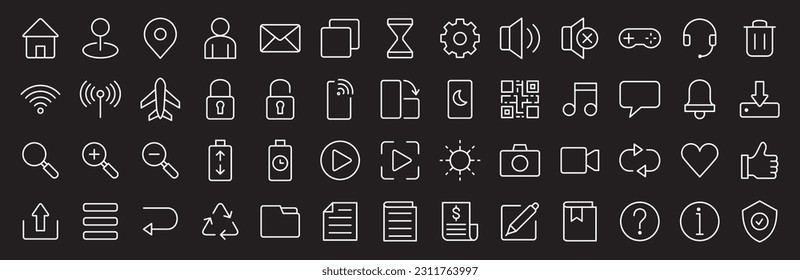 Basic user interface icon set. Universal and common website user interface icons vector collection. Thin line design style for mobile phone apps. Contains symbol of folder, lock, security, and volume.