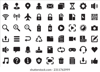 Basic user interface icon set. Universal and common website user interface icons vector collection. Solid design style for mobile phone apps. Contains symbol of folder, lock, security, and volume.