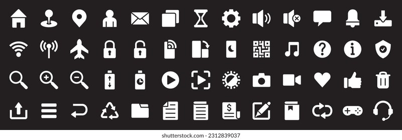 Basic user interface icon set. Universal and common website user interface icons vector collection. Solid design style for mobile phone apps. Contains symbol of folder, lock, security, and volume.