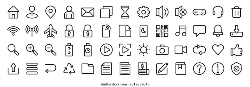 Basic user interface icon set. Universal and common website user interface icons vector collection. Thin line design style for mobile phone apps. Contains symbol of folder, lock, security, and volume.