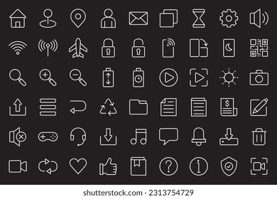 Basic user interface icon set. Universal and common website user interface icons vector collection. Thin line design style for mobile phone apps. Contains symbol of folder, lock, security, and volume.