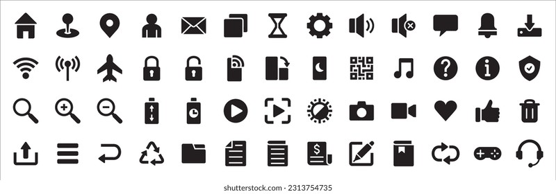 Basic user interface icon set. Universal and common website user interface icons vector collection. Solid design style for mobile phone apps. Contains symbol of folder, lock, security, and volume.