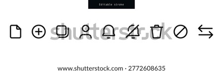 Basic user interface icon set; document, add, copy, user, notification, delete, trash, block, and transfer symbols . Ux Ui Icons . Mega set of outline icons in thin line. for app, web, website icons