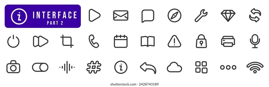 Basic user interface line icon set. Camera, lock, cloud, calendar, crop, refresh etc. Part 2