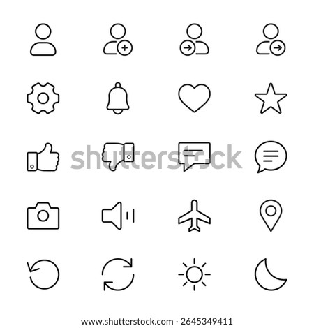 A basic user interface line icon set for web and mobile apps with user profile like notification symbols. Fully scalable and customizable.
