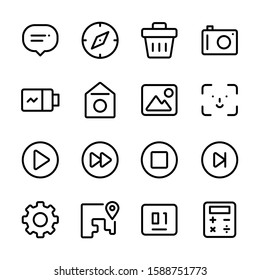 Basic User Interface lineal set including chat, internet explore, bin, camera, home, picture, face id, play button, stop button, setting, GPS, map, calendar, calculator