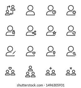 Conjunto de iconos de línea de usuario básicos. colección de símbolos de estilo lineal, paquete de signos de esquema. gráficos vectoriales. El conjunto incluye iconos como configuración personal del usuario, contacto compartido, bloque, clasificación, favorito, ubicación, amigo
