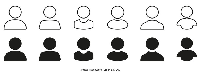 Basic User Profile Line Icon Set. Outline and Solid Person Symbols for Account Identification and Interface Elements Outline Symbol Collection. Editable Stroke. Isolated Vector Illustration.