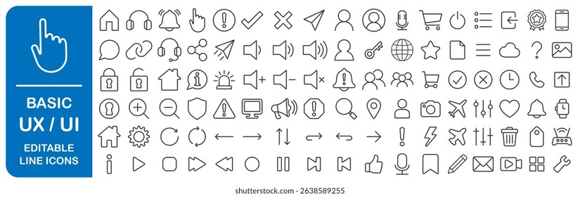 Basic UX UI editable line icons set. User interface web icon, website, mobile app icon collection. Vector illustration image. Isolated on white background.	
