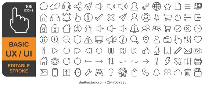 Basic UX UI editable stroke line icons set. Thin line User interface web icon, website, mobile app , linear icon collection. Vector illustration image. Isolated on white background.