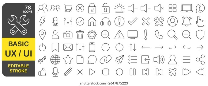Conjunto de ícones de linha de traçado editável da interface do usuário do Basic UX. Linha fina Interface do usuário ícone da web, site, aplicativo móvel, coleção de ícones lineares. Imagem de ilustração vetorial. Isolado no fundo branco.