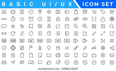 Basic Ux Ui Icons, Web and App desogm icon set. ui ux line icon, user interface icon set collection.