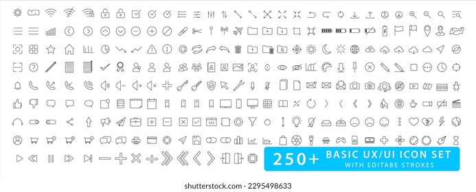 Basic UxUi Icons, with editable strokes.  Mega set of ui ux icon set, Big collection of minimalist and simple UxUi web icons.