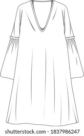 Basic V Neck Long Sleeve Dress Technical Drawing