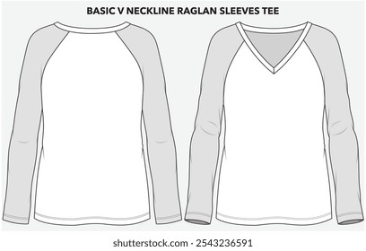 BASIC V NECKLINE TEE WITH LONG RAGLAN SLEEVES DETAIL DESIGNED FOR YOUNG WOMEN AND WOMEN IN VECTOR FILE