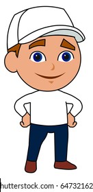 Basic vector cartoon character cute boy male using casual clothes with a cap standing hands on waist