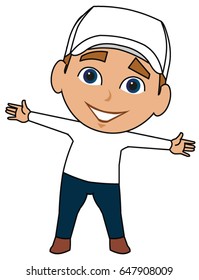 Basic vector cartoon character cute boy male using casual clothes with a cap with arms wide open