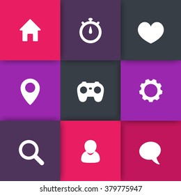 Basic web icons on color squares, vector illustration