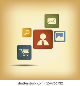 Basic web menu vector icons including personal information, search, portfolio, contact and shop icons in vintage colors