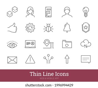 Basic web thin line icons. Graphic interface linear vector interface pictograms. Vector set include icons: user pic, emoticon, notification, document, location, messenger, chat etc. Editable strokes.