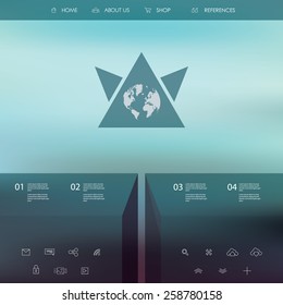 Basic website simple layout with blurred background and line icons. Transparent geometry shapes. Eps10 vector illustration.
