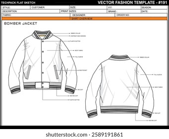 BASIC WHITE BOMBER JACKET SKETCH FASHION TEMPLATE TECHNICAL ILLUSTRATION